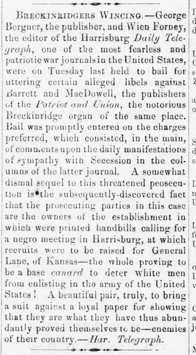 News article from the Potter Journal, 1862.